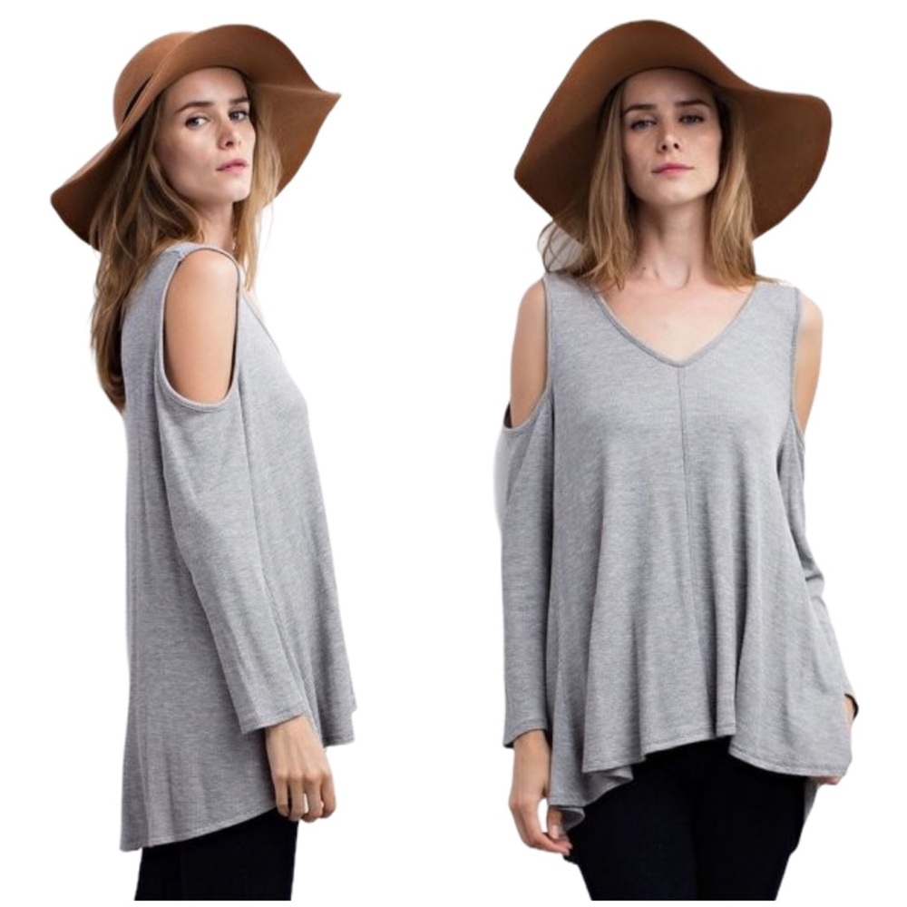NEW Thermal Waffle Knit Cold Shoulder Cut Out Tunic Top Light Gray Blouse S M L